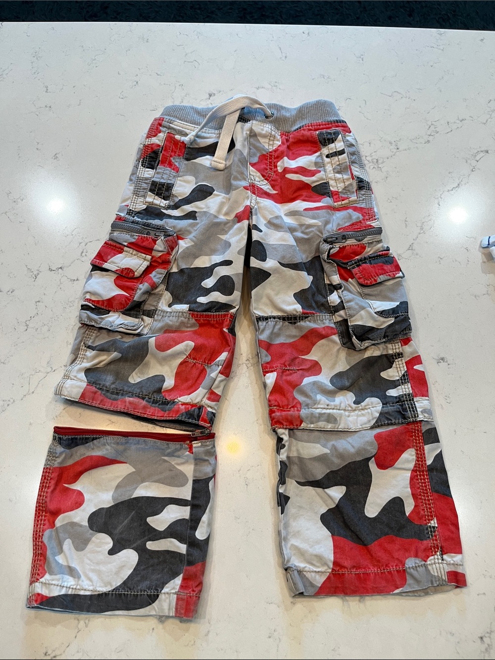 Mini Boden Red, Gray & Black Camo Cargo zip off pants